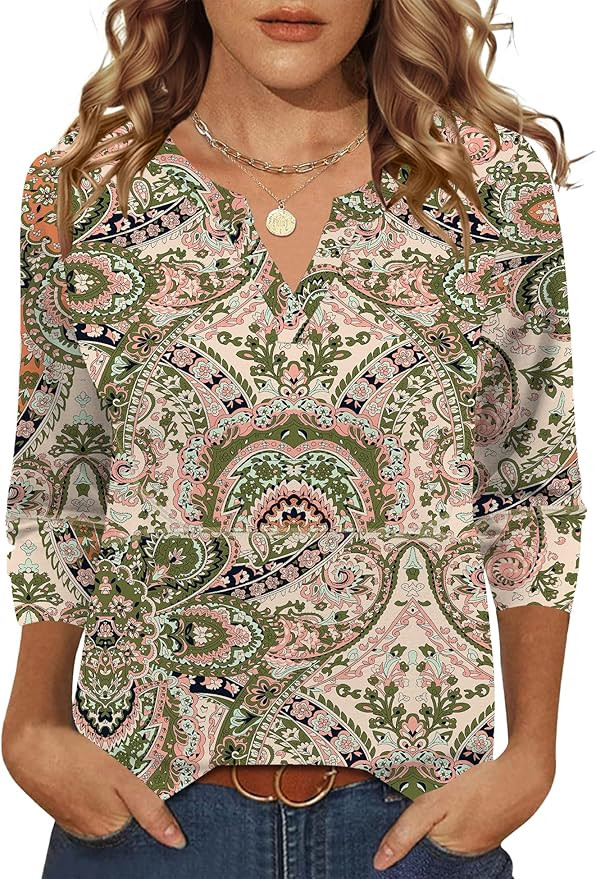 LOMON Women's Fashion V Neck 3/4 Sleeve Shirts Dressy Casual Basic Tees Tops Loose Tunic Blouses | Amazon (US)