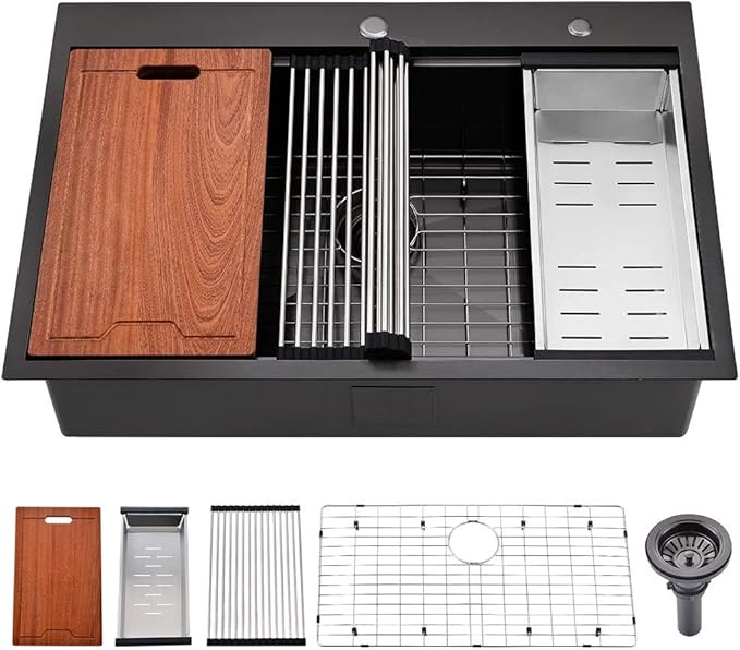 33 Inch Drop in Kitchen Sink Black Workstation-Bokaiya 33x22 Black Stainless Steel Topmount Drop-... | Amazon (US)