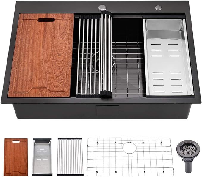 33 Inch Drop in Kitchen Sink Black Workstation-Bokaiya 33x22 Black Stainless Steel Topmount Drop-... | Amazon (US)