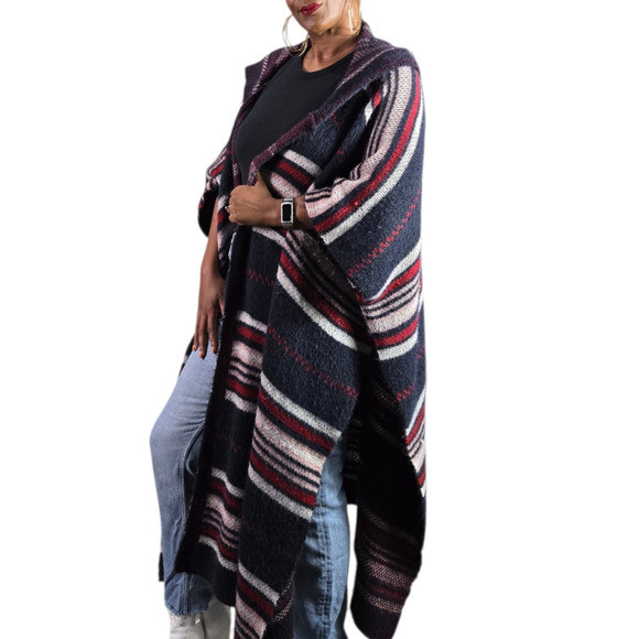 Free People Cold Canyon Poncho Cape Blue Striped Sweater Duster Hood One Size | Poshmark