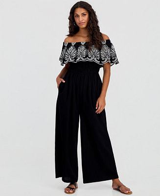Petite Cutwork Off-The-Shoulder Jumpsuit | Macy's