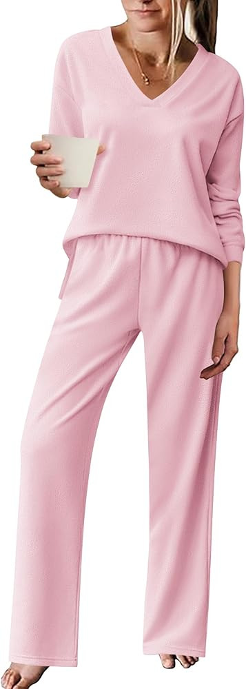 Ekouaer Pajama for Womens Set Ploar Fleece Long Sleeve Lounge Sets Fall Pjs V Neck Comfy Sleepwea... | Amazon (US)