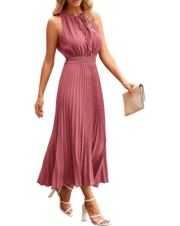 PRETTYGARDEN Women's Midi Summer Dresses Casual V Neck Swiss Dot Ruffle Sleeveless A Line Beach S... | Amazon (US)