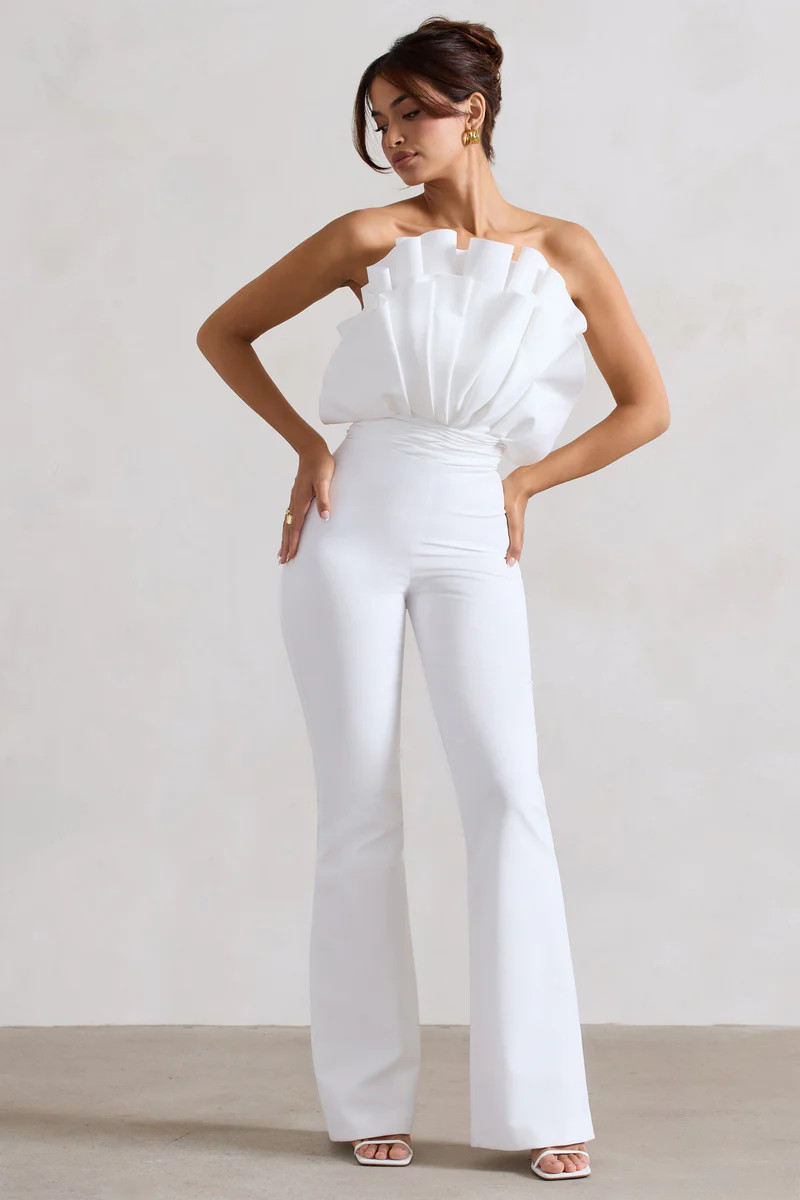 Nicia  White Ruffled Strapless Flared-Leg Jumpsuit | Club L London