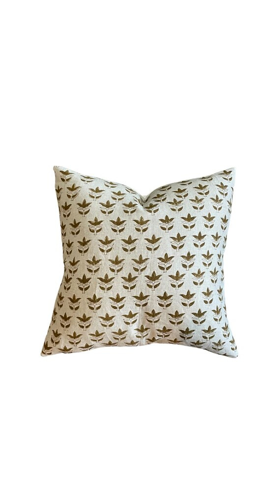 GINGER  Olive and Beige Floral Block Print Pillow Cover - Etsy | Etsy (US)