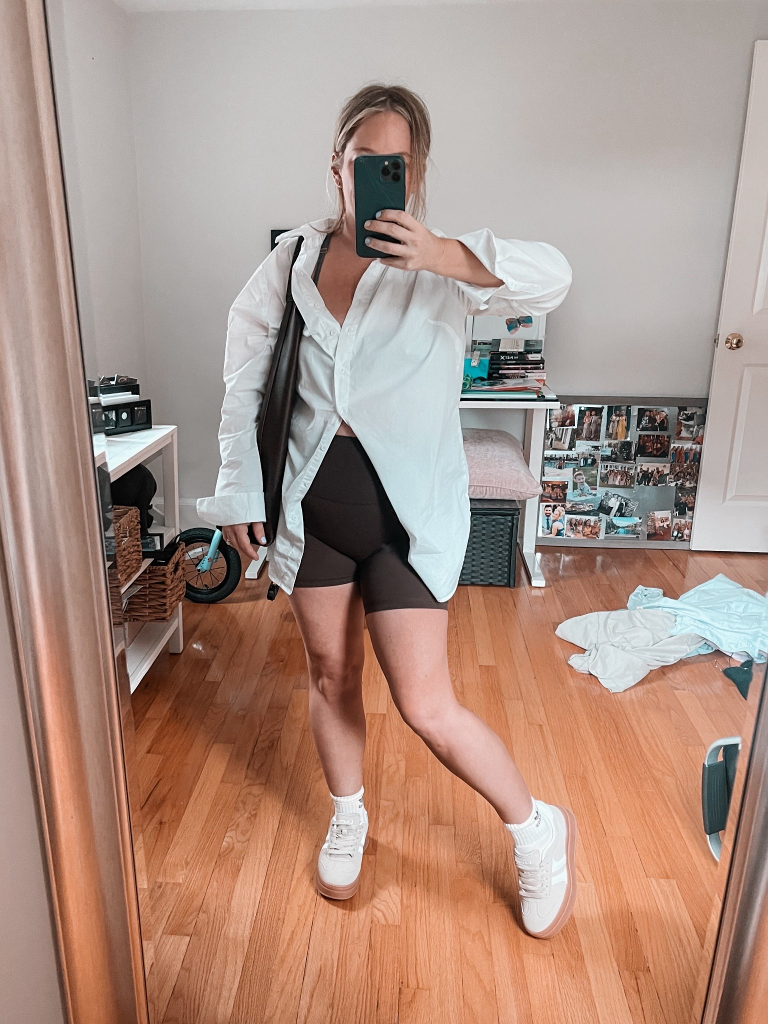 Casual summer outfit for errands nstuff! 
Espresso seamless bike shorts 
Faux sambas 
Adidas socks 
Slouchy bag 

#LTKShoeCrush #LTKActive #LTKItBag