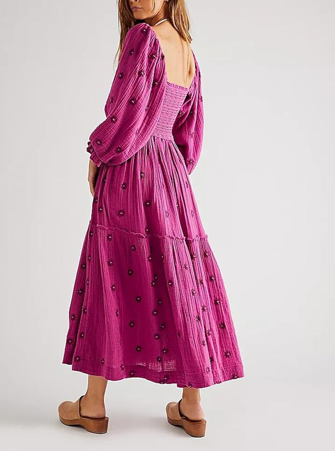 Chloefairy Women's Flower Embroidered Maxi Dress Lantern Sleeve Square Neck Tiered Flowy Spring F... | Amazon (US)