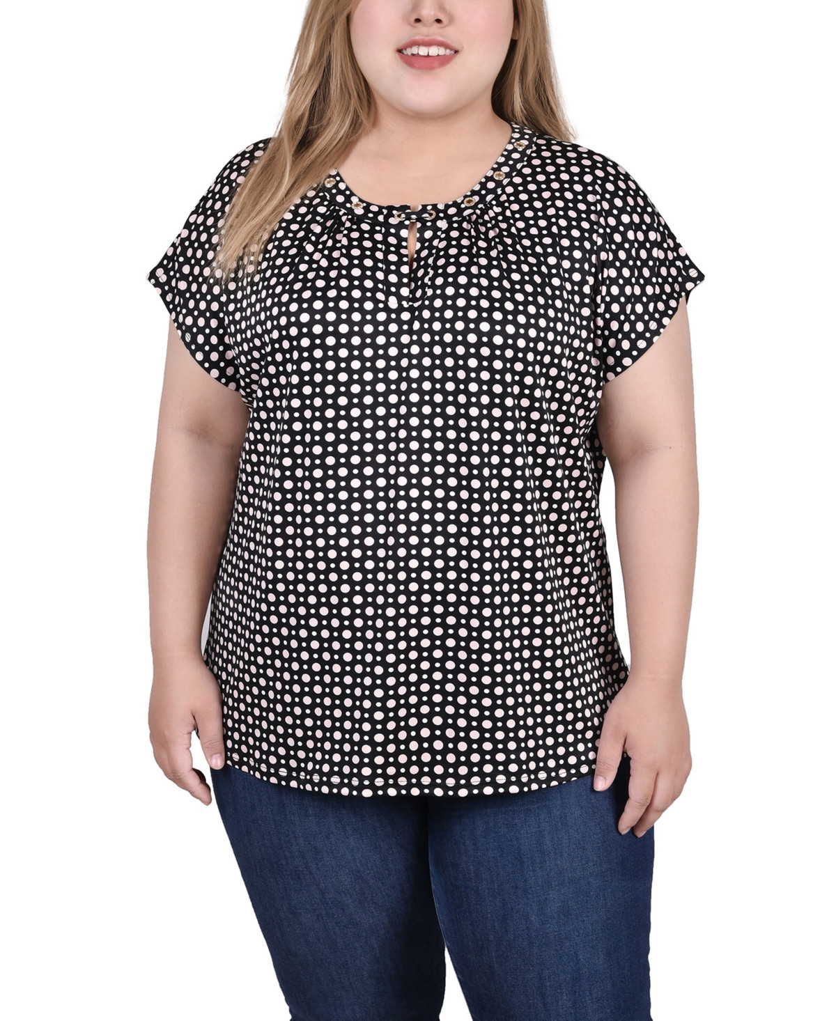 Ny Collection Plus Size Extended Sleeve Top with Grommets - Black White Pink Dot | Macy's