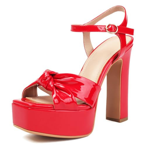 Latasa Women's Red Platform Heels High Chunky Block Heels Ankle Strap Open Toe Heeled Sandals (9.5, Red) | Amazon (US)