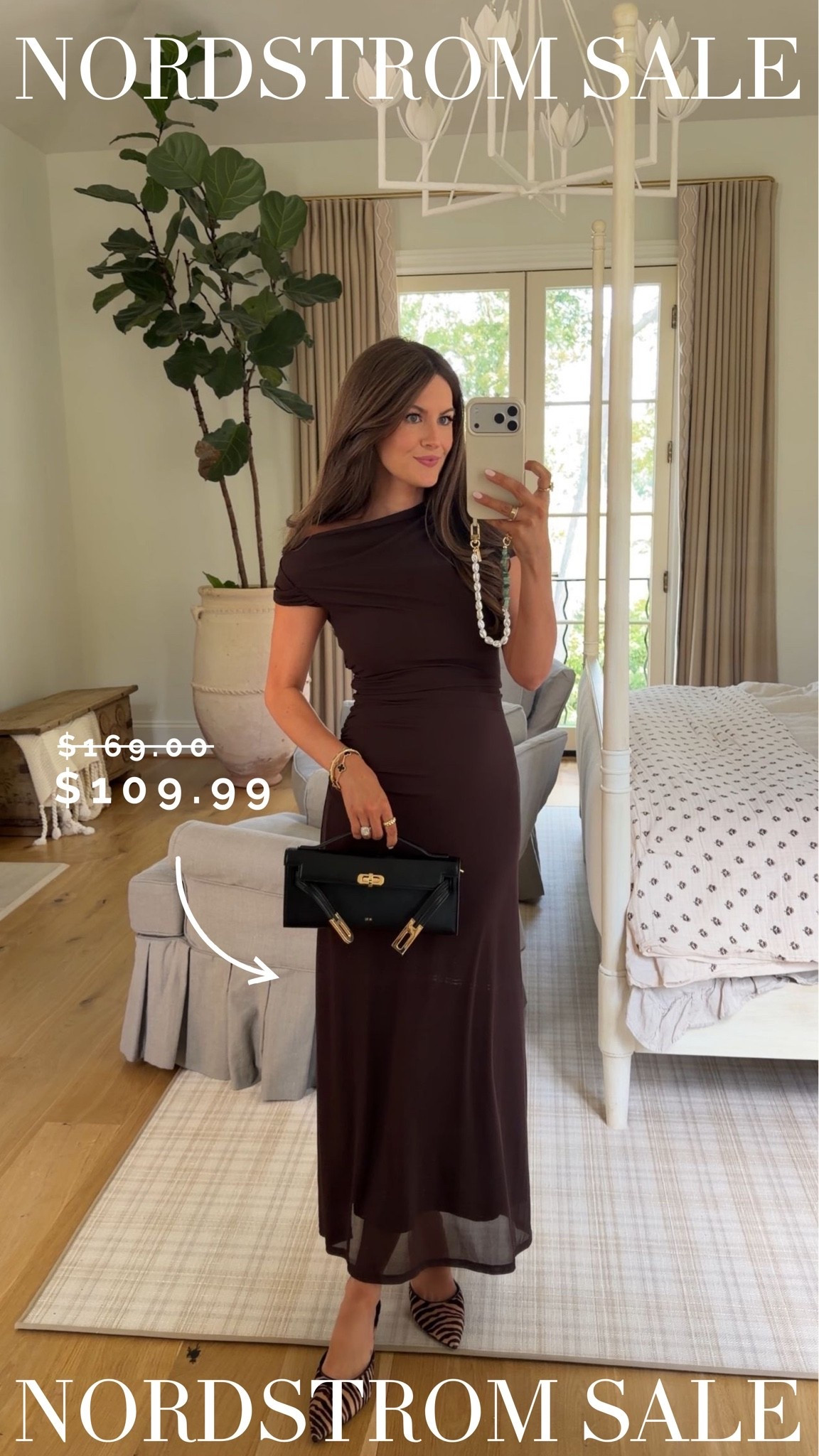 Nordstrom sale outfit 🤎

EVER NEW PARIS ASYMMETRIC MESH DRESS
Sizing: TTS, I’m wearing a US size 2, which fits like an XS
Quality: I only bought TWO dresses from the NSALE this year, and this was one of them! This dress is so flattering and hugs you in all the right places (it is stretchy so it also moves with you). I love that it’s off the shoulder and shows just a sliver of shoulder – it’s very sexy while somehow classy at the same time. I would totally wear this as a wedding guest to a fall wedding – or to work or happy hour or a date! There are so many possibilities with this dress.
Price: Originally $169, marked down to $109.99