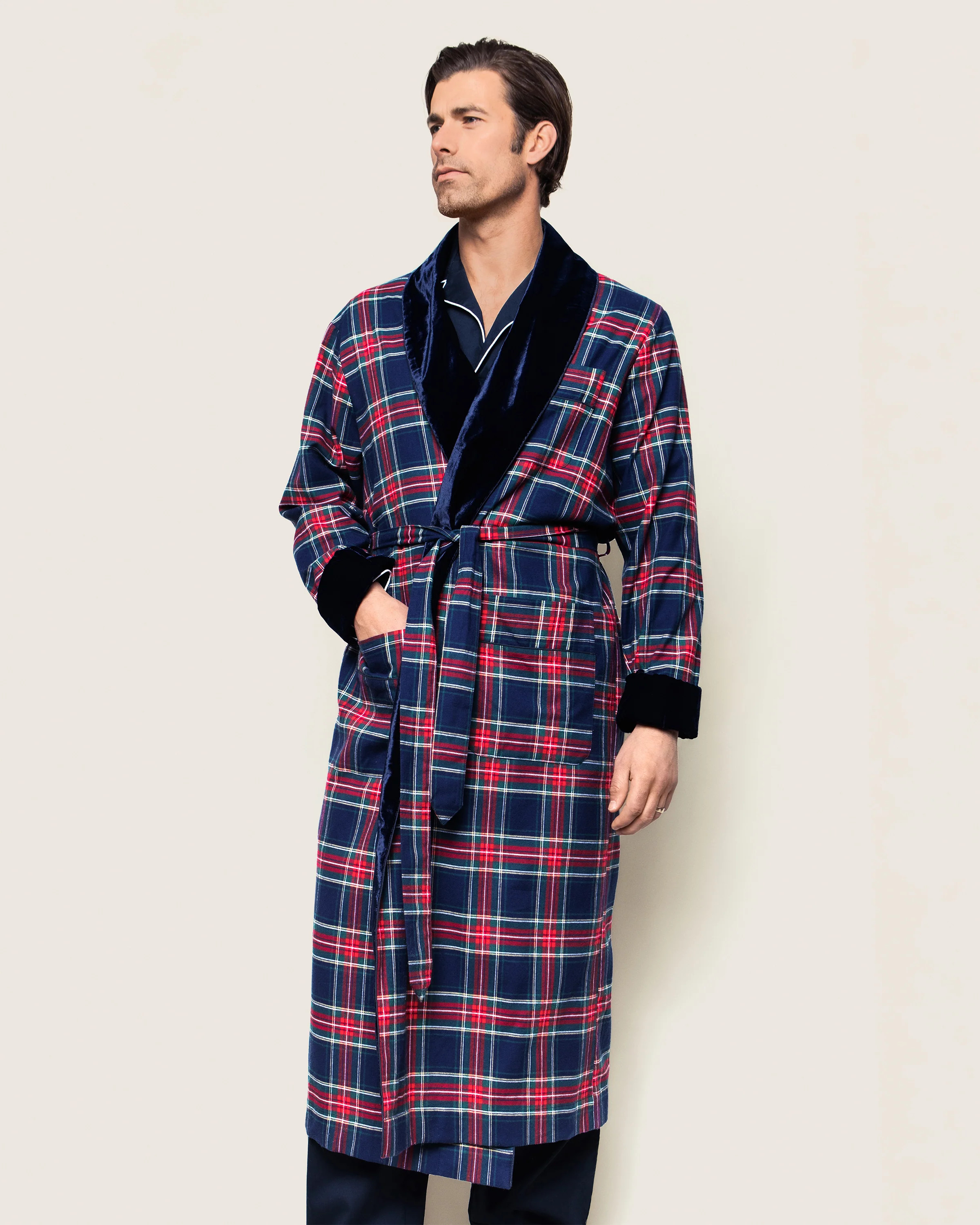 Men's Brushed Cotton Velvet Trim Robe in Windsor Tartan | Petite Plume