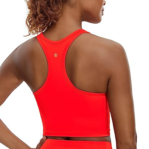 CRZ YOGA Butterluxe Womens Y-Back Racerback Longline Sports Bra - Padded Scoop Neck Workout Crop Tank Top with Built in Pads Dark Red - Orangish X-Large | Amazon (US)
