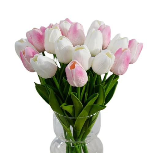 20pcs White and Light Pink PU Faux Tulips Flowers 13.5 Inch Fake Flowers Mother's Day Easter Valentine’S Day Gifts in Home Kitchen Wedding Dining Table Decoration | Amazon (US)