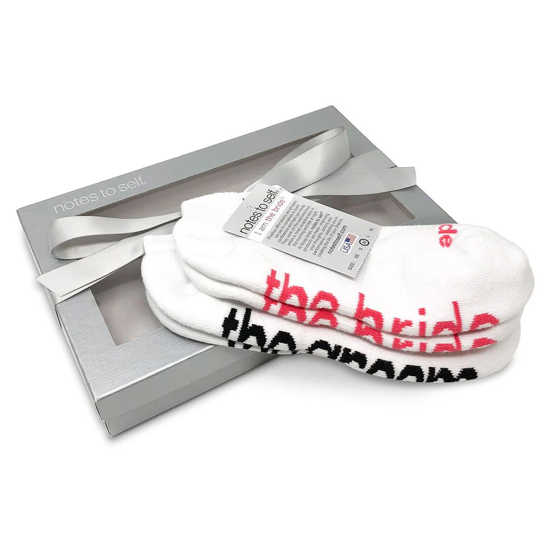 I am the bride® + I am the groom® 2-pair sock gift set in silver gift box | notes to self