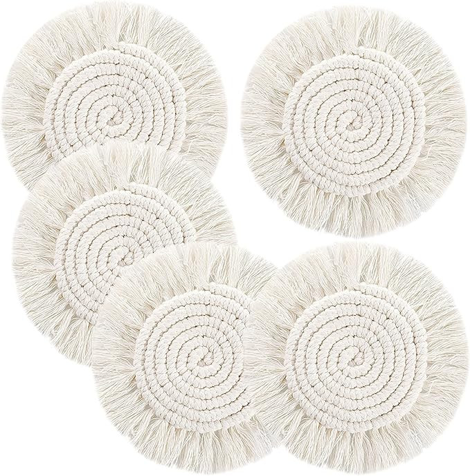 5 Pack Coasters for Drinks Absorbent, Macrame Handmade Cotton Coasters for Coffee Table, Boho Coa... | Amazon (US)