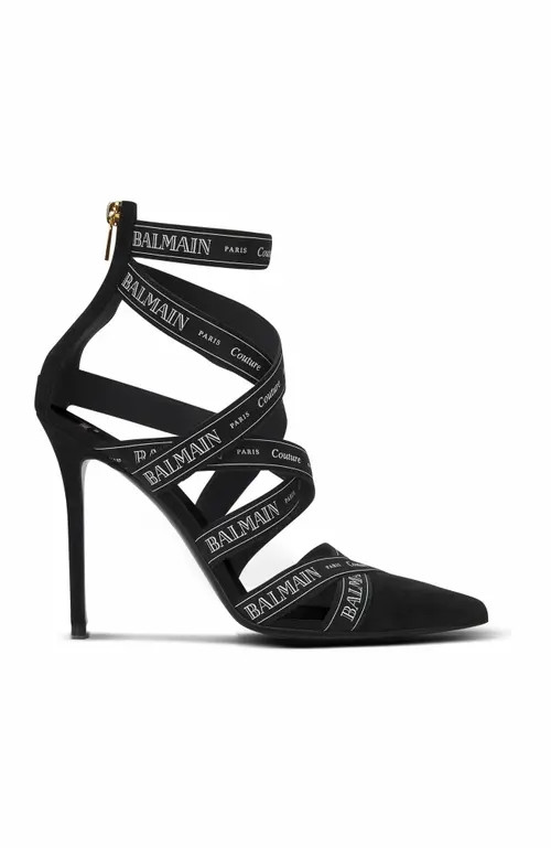 Couture Suede Heels With Balmain Ribbon Motif in Black at Nordstrom, Size 37 Eu | Nordstrom