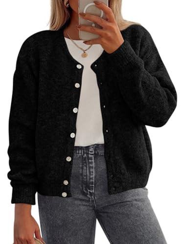 PRETTYGARDEN Fall Long Sleeve Cardigans for Women Trendy 2025 Lightweight Button Down Crewneck Loose Knit Sweater Clothes (Black,Small) | Amazon (US)