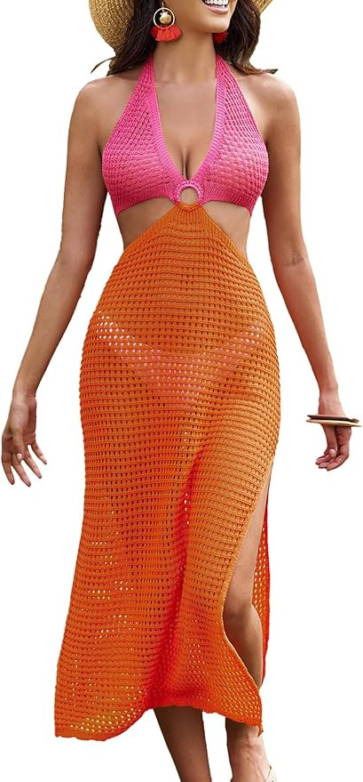 AI'MAGE Womens Crochet Bathing Suit Swimsuit Cover Ups Long Sexy Halter Cut Out Backless Beach Co... | Amazon (US)