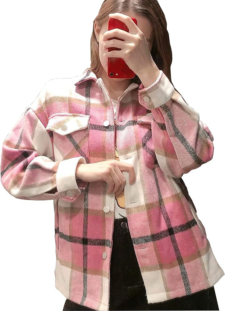 Tanming Womens Brushed Flannel Plaid Lapel Button Short Pocketed Shacket Shirts Coats | Amazon (US)