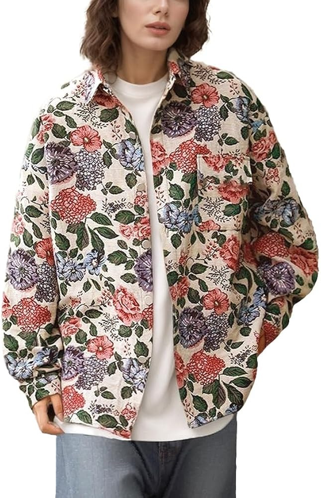 Floral Patterned Jacquard Casual Shacket Fancy Shirt Jacket Lapel Cute Trendy Funky Coat Spring F... | Amazon (US)