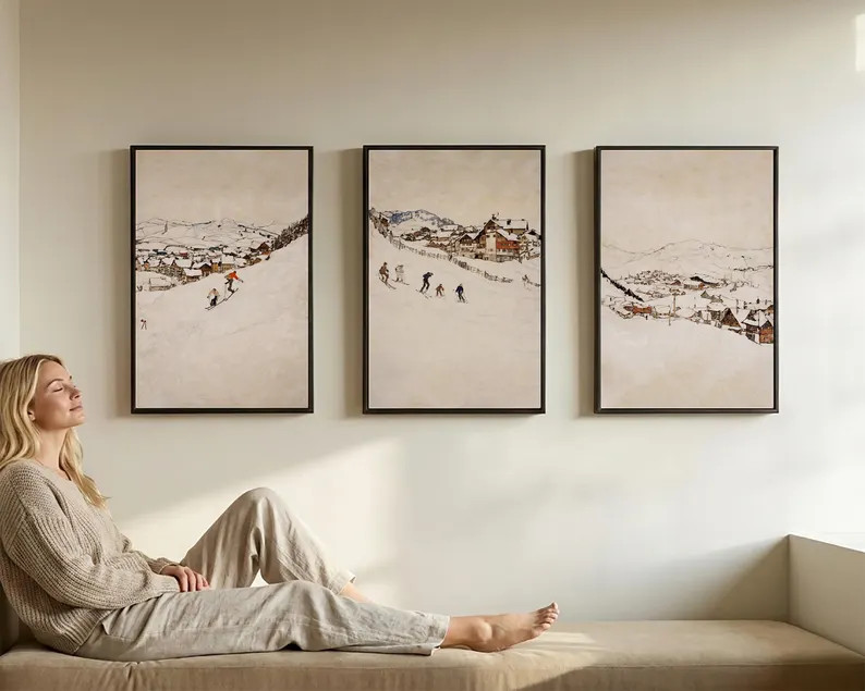 Framed Canvas Set of 3 Vintage Skiing Art Alpine Winter Landscape Wall Decor | Etsy (Global)