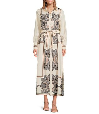CIEBON Placement Print Point Collar Long Sleeve Button Front Maxi Dress | Dillard's | Dillard's