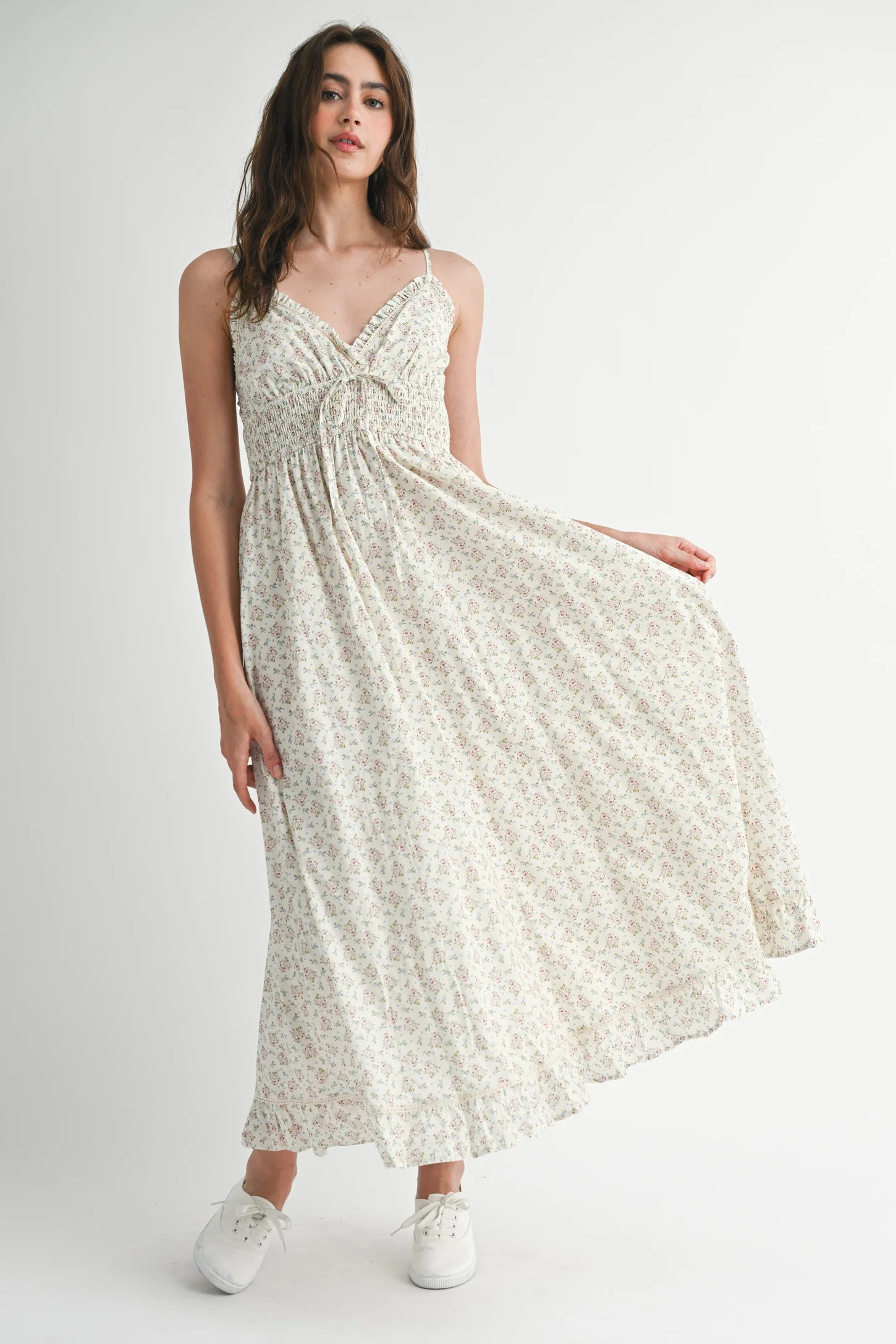 Mauve Floral Smocked Waist Ruffle Accent Midi Dress | PinkBlush Maternity