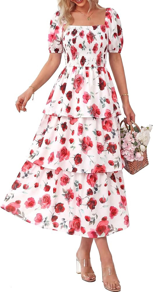 BTFBM Womens Square Neck Smocked Dress Summer Puff Short Sleeve Floral Casual Ruffle Tiered Maxi ... | Amazon (US)