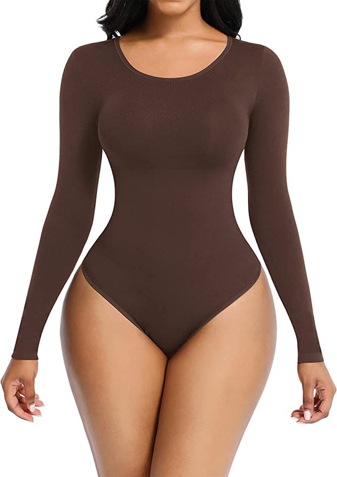 Soo slick Bodysuit for Women Fall clothes for women 2023 - Body Shaper Long Sleeve Crew Neck Thon... | Amazon (US)