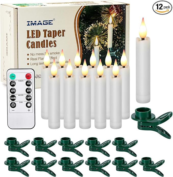 12Pcs LED Taper Candles Light Set Flameless 3D Wick Ivory Candles with Clip-on Christmas Tree Des... | Amazon (US)