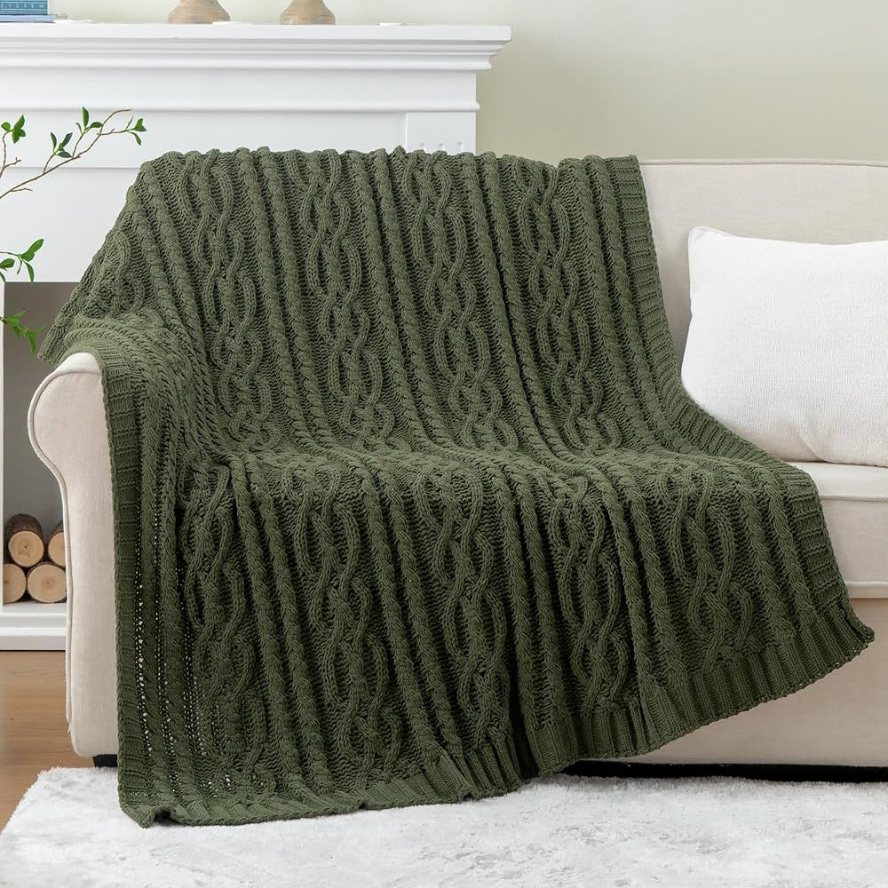 Battilo Olive Green Knit Throw Blanket Chenille 51"x67" | Amazon (US)