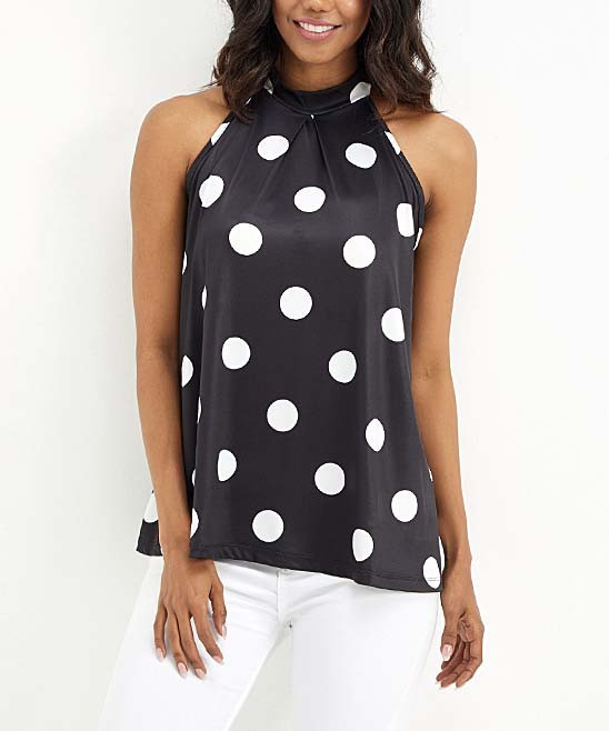 Milan Kiss Women's Blouses BLACK-POLKA-DOT - Black & White Polka Dot Sleeveless Top - Women | Zulily