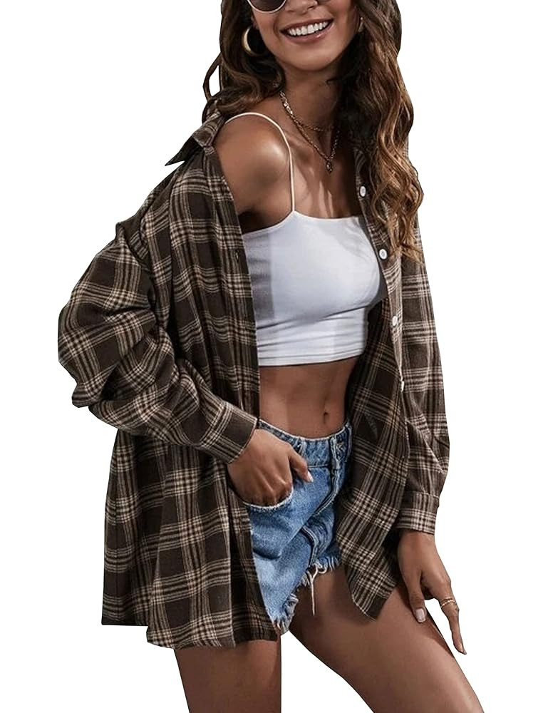 Lumister Oversized Flannel Shirt Women Long Sleeve Plaid Button Buffalo Shirt Blouse Tops with On... | Amazon (US)