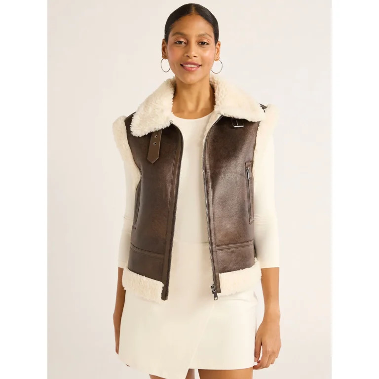 Scoop Women's Faux Suede Zip Vest with Faux Shearling Lining, Heavyweight, Sizes XS-XXL - Walmart... | Walmart (US)