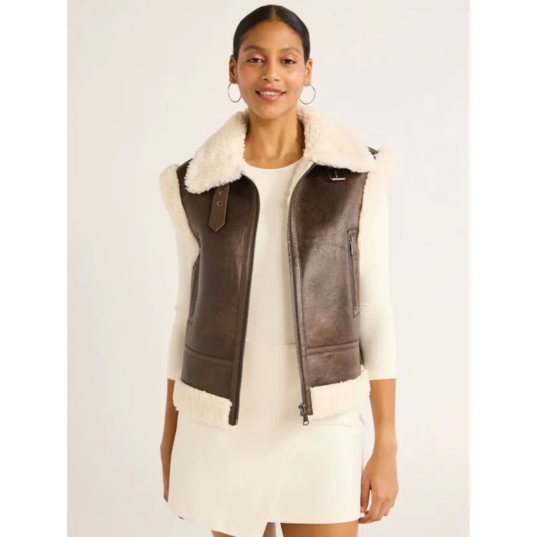 Scoop Women's Faux Suede Zip Vest with Faux Shearling Lining, Heavyweight, Sizes XS-XXL | Walmart (US)