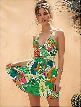 Women's Tropical Print Tie Backless Mini Dress Deep V Neck A Line Flowy Vacation Dresses | Amazon (US)