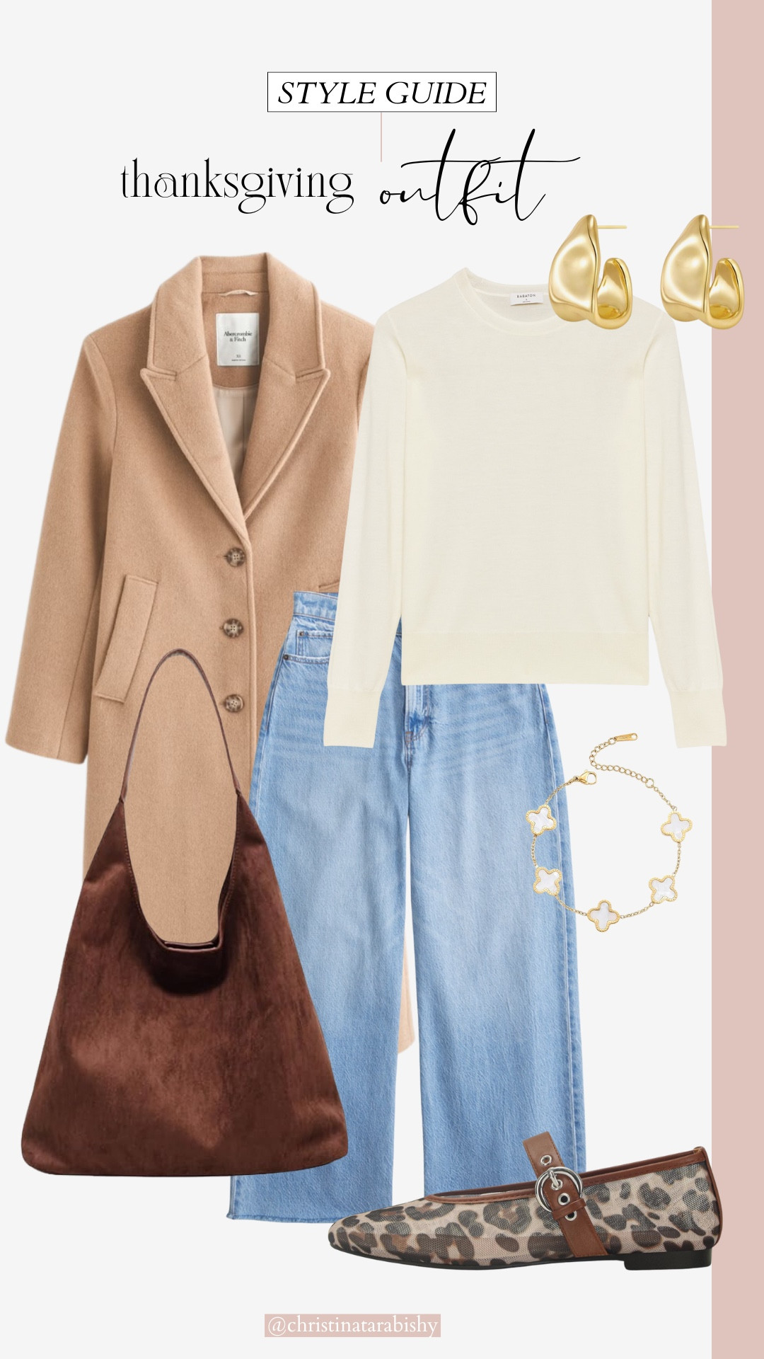 Thanksgiving outfit idea. Cream crewneck sweater, wide cropped jeans, leopard ballet flats, and a camel coat  

#LTKSeasonal #LTKStyleTip #LTKHoliday