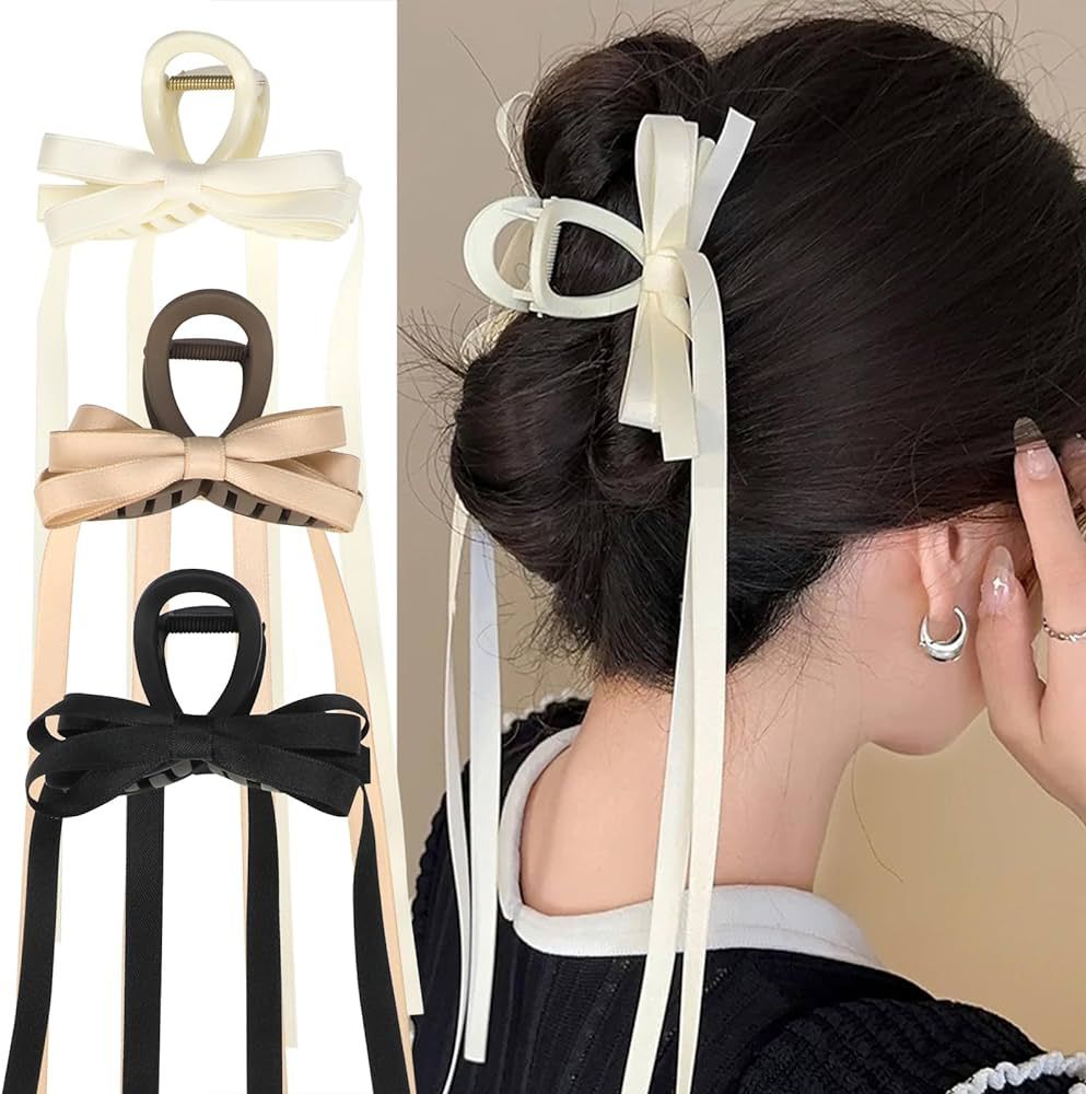 Bow Hair Claw Clips with Long Tail, Tassel Ribbon Hair Claw Clips Bow-knot Hair Clips for Women,3... | Amazon (US)