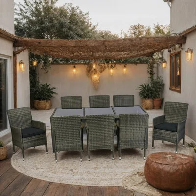 9 Piece Outdoor Patio Wicker Dining Set Patio Wicker Furniture Dining Set Glass Top Grey Wicker + Black Cushion | Wayfair North America