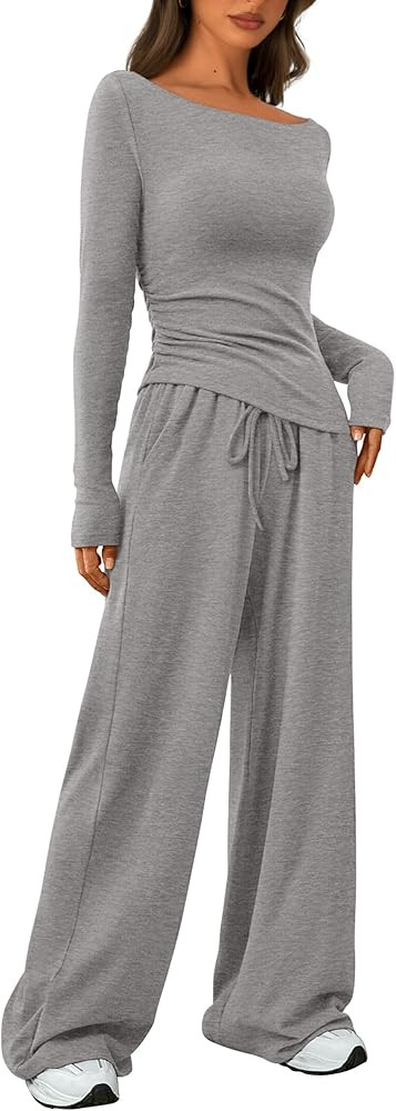 PRETTYGARDEN Women's 2 Piece Lounge Sets Asymmetrical Long Sleeve T Shirt Wide Leg Pants Casual O... | Amazon (US)