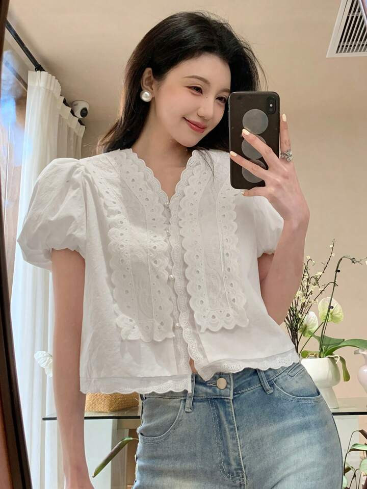 DAZY Ladies' Plain Lace Spliced Puff Sleeve Blouse | SHEIN
