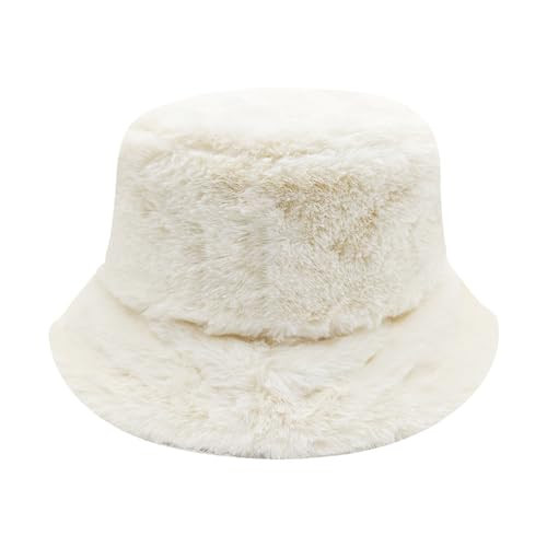 Fuzzy Faux Fur Bucket Hat for Men Women, Vintage 1920'S Cloche Hats Bowler Hat Winter Warm Driving Cycling Camping Fisherman Cap Travel Fishing Headwear Head Warmer White | Amazon (US)