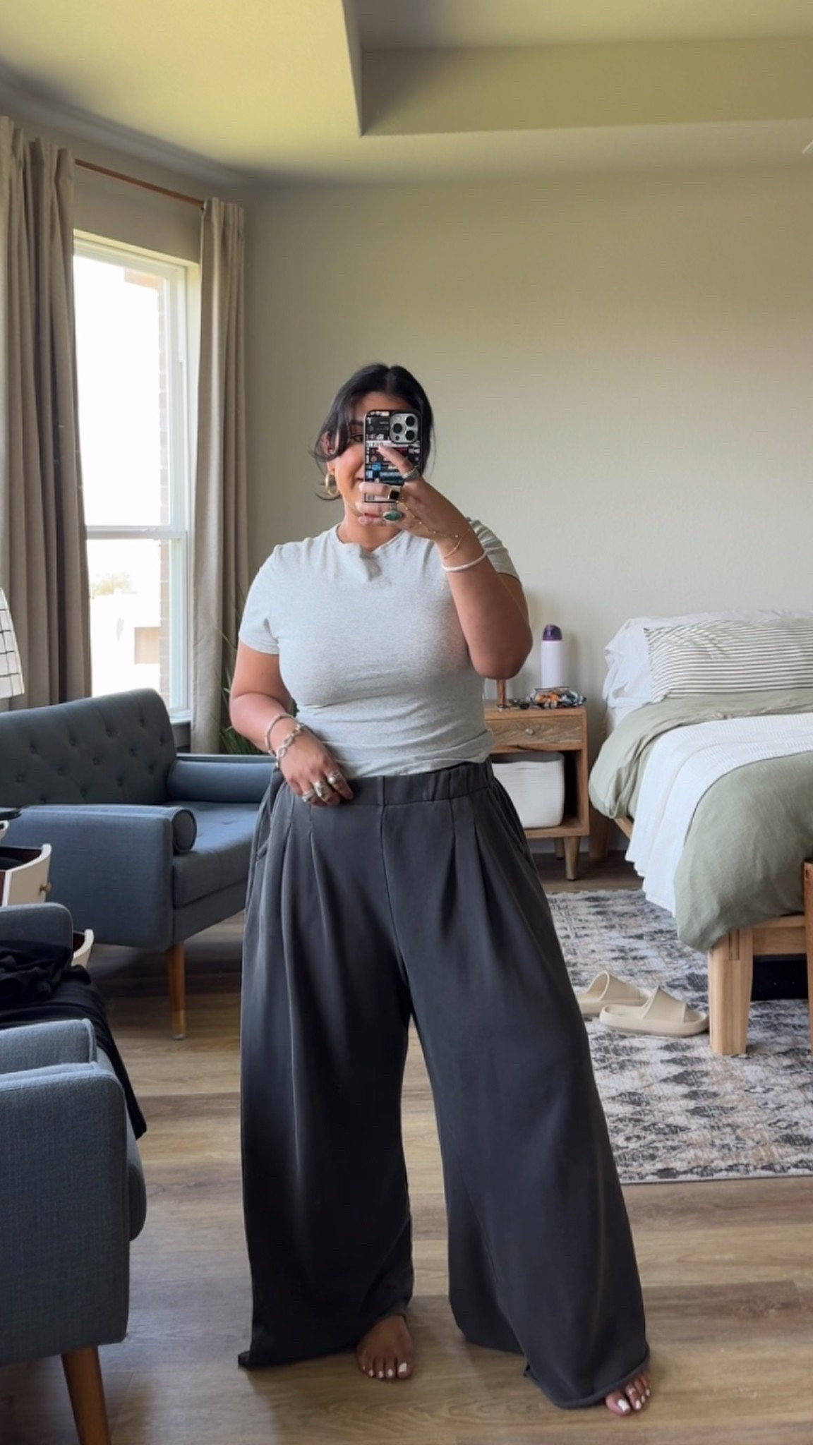 I’m 5’1” size 12. Tee is from Skims, size L. Pants are Aerie, size L short (these were still too long on me so I just cut them) they do run big so I would recommend sizing down. The L is pretty big on me. ￼