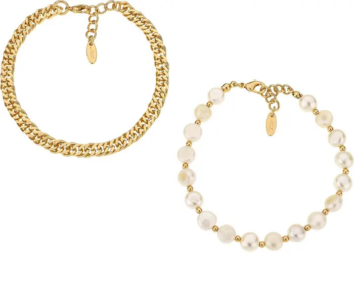 Set of 2 Cultured Freshwater Pearl & Curb Chain Anklets | Nordstrom