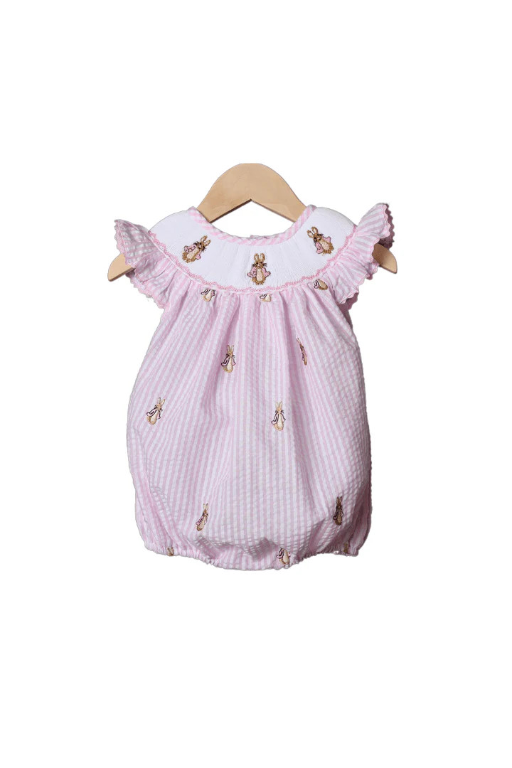 Smocked Peter Rabbit Pink Seersucker Embroidered Bishop Bubble | The Smocked Flamingo