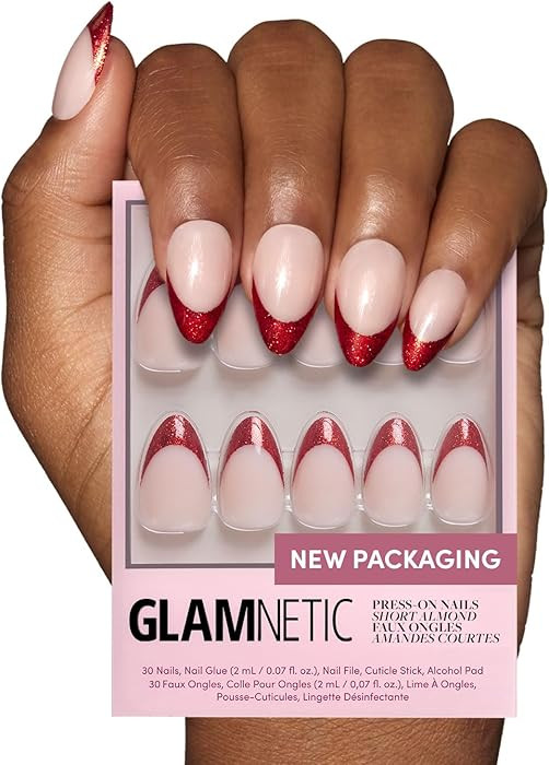 Glamnetic Press On Nails - Red Affair | Short Almond Red Glitter French Tip Nails with a Glossy F... | Amazon (US)