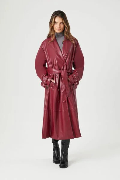 Faux Leather Double-Breasted Trench Coat | Forever 21