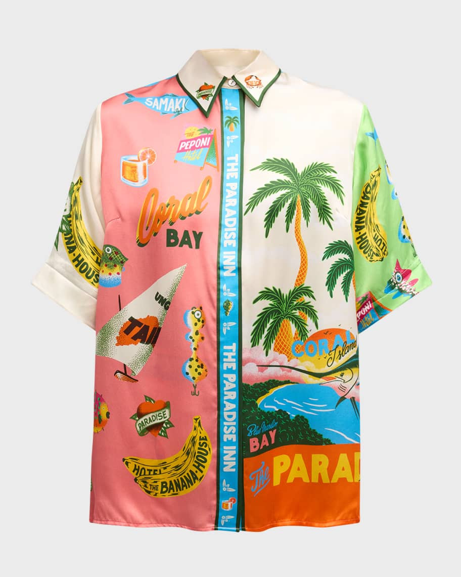 ALEMAIS x Alan Berry Rhys Paradiso Silk Button-Front Shirt | Neiman Marcus