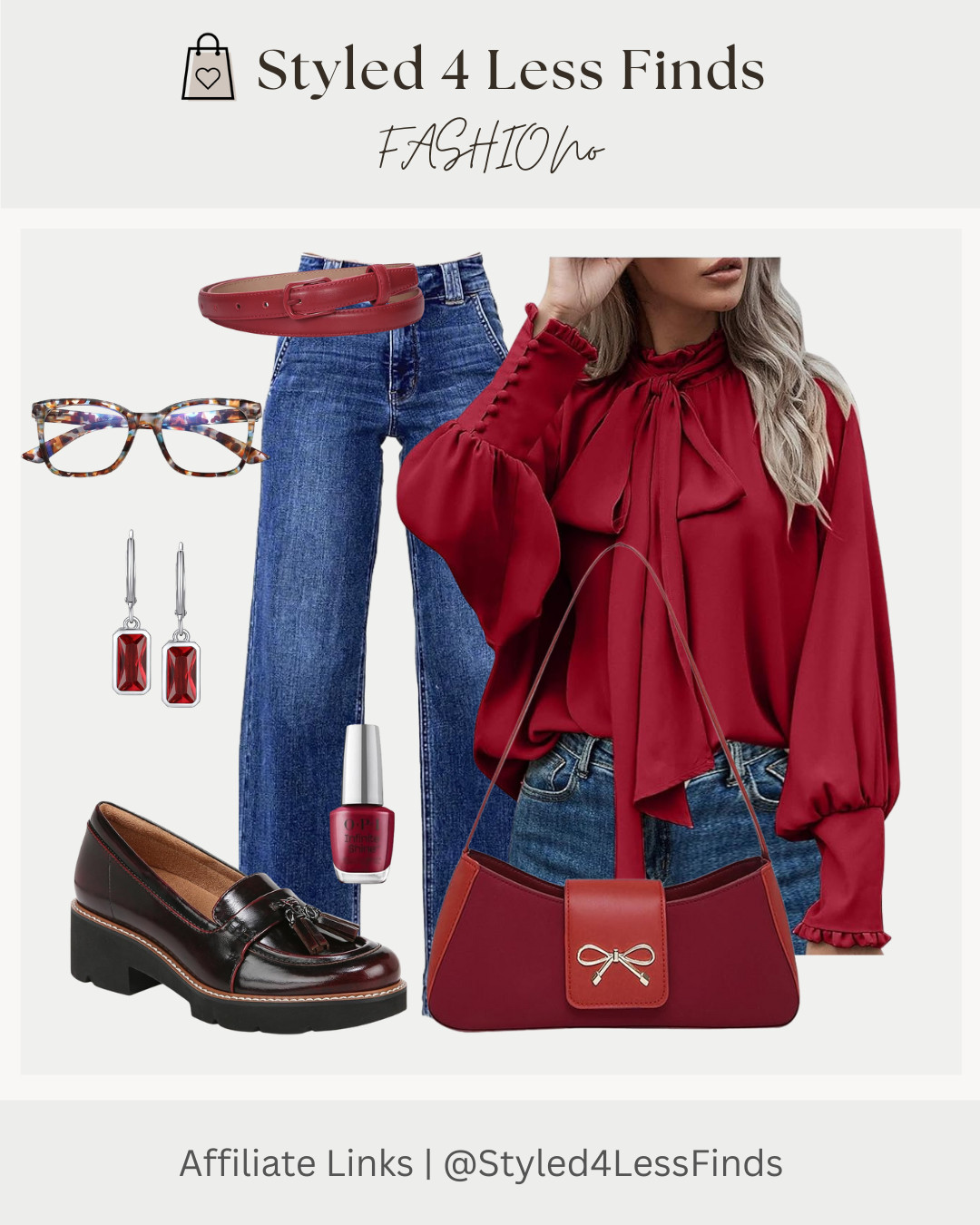 Rich tones for fall 🍷 This deep red blouse adds instant elegance to your everyday denim. Perfect for work, brunch, or date night.

Style tip: Pair bold colors with classic denim and matching accessories for a pulled-together look that feels effortless. 

 #LTKcanada #LTKjeans #LTKover50style