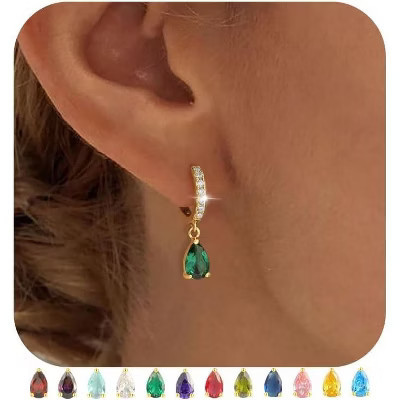 Dainty Drop Huggie Earrings | 14K Gold Plated with Diamond & Emerald Birthstone | Hypoallergenic Trendy Hoops for Women Gold One Size | Target
